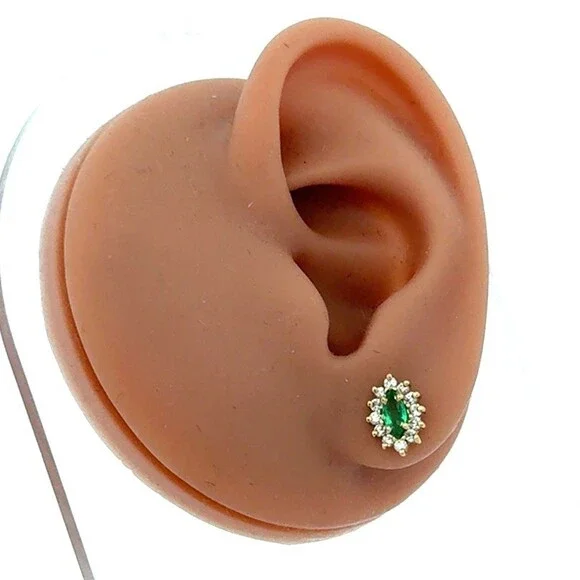 Estate 14k Yellow Gold Marquise Cut Emerald Diamond Halo Flower Stud Earrings